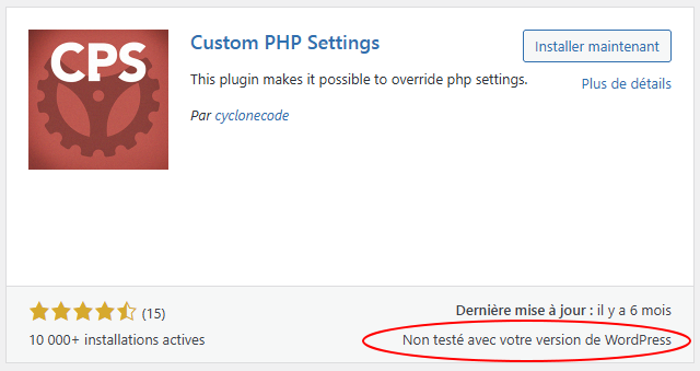Administration WordPress, page Extensions installées : message d'alerte orange indiquant qu'un plugin n'a pas été testé avec la version actuelle de WordPress