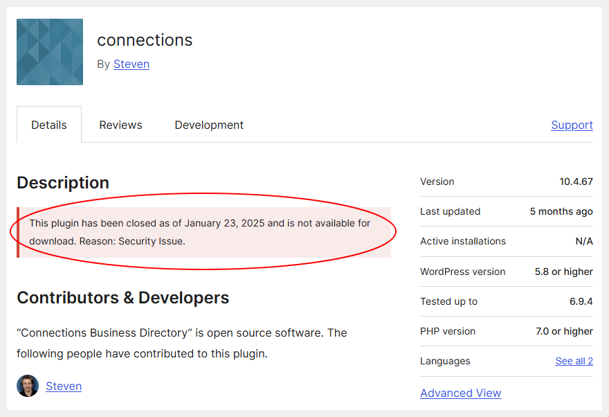 Page WordPress.org d'un plugin fermé affichant le bandeau d'avertissement indiquant que le plugin a été retiré du répertoire officiel