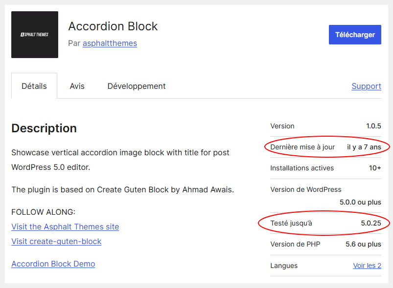 Page d'un plugin sur WordPress.org affichant la date de dernière mise à jour et la mention Testé jusqu'à, avec les deux indicateurs d'abandon annotés