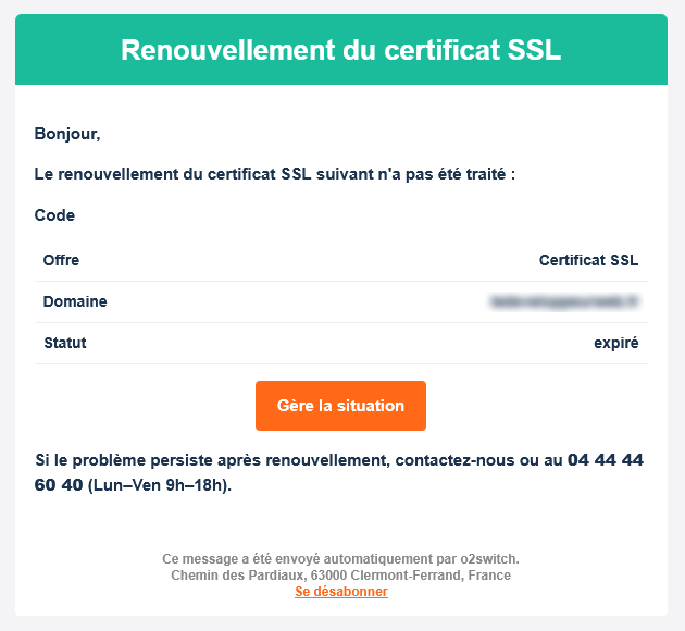 Capture d'un email frauduleux imitant O2Switch pour un renouvellement de certificat SSL - exemple d'arnaque phishing